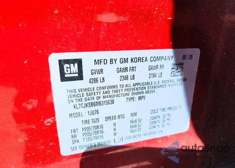 2021 Chevrolet Trax Ls z USA, uszkodzony, nr VIN KL7CJKSB6MB315638